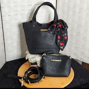 👉STEVE MADDEN BREECE BLK SATCHEL BAG W/ COLORFUL SCARF, STRAPS & POUCH ~VEGAN